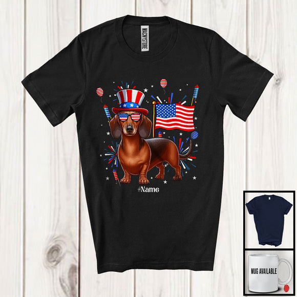 MacnyStore - Personalized Custom Name Dachshund, Lovely 4th Of July American Flag Fireworks, Patriotic T-Shirt