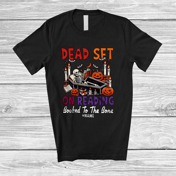 MacnyStore - Personalized Custom Name Dead Set On Reading; Humorous Halloween Skeleton Book Nerd T-Shirt