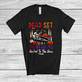 MacnyStore - Personalized Custom Name Dead Set On Reading; Humorous Halloween Skeleton Book Nerd T-Shirt