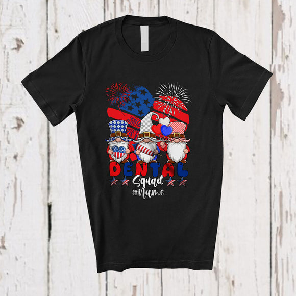 MacnyStore - Personalized Custom Name Dental Squad; Joyful 4th Of July Three Gnomes; US Flag Heart Patriotic T-Shirt