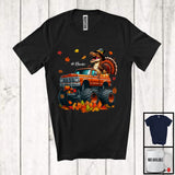 MacnyStore - Personalized Custom Name Dinosaur T-Rex Turkey On Monster Truck; Joyful Thanksgiving Fall Leaf T-Shirt