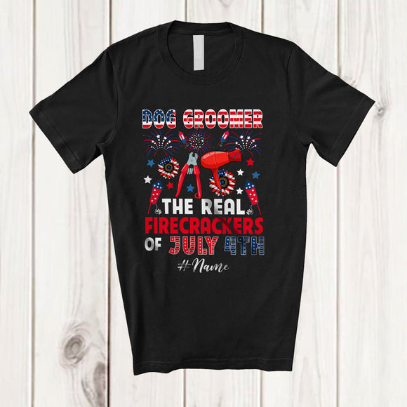 MacnyStore - Personalized Custom Name Dog Groomer Real Firecrackers; Joyful 4th Of July Fireworks; Patriotic T-Shirt