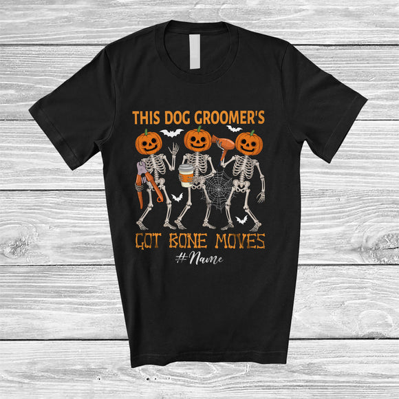 MacnyStore - Personalized Custom Name Dog Groomer's Got Bone Moves; Joyful Halloween Pumpkin Skeletons T-Shirt