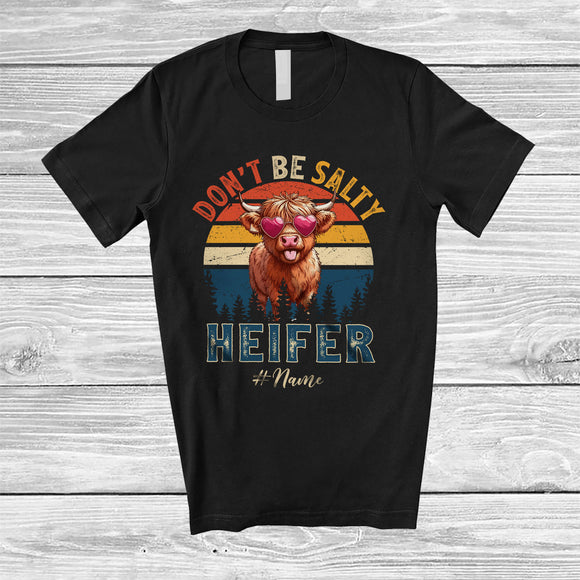 MacnyStore - Personalized Custom Name Don't Be Salty Heifer; Lovely Highland Cow Heart Sunglasses; Farmer T-Shirt