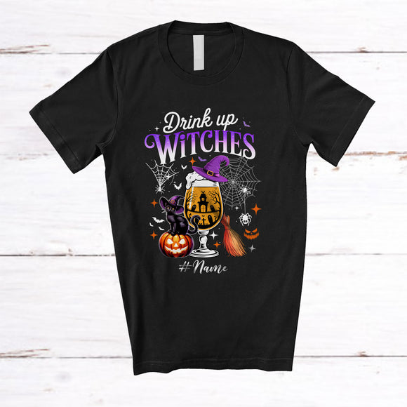 MacnyStore - Personalized Custom Name Drink Up Witches; Cheerful Halloween Witch Beer Glass; Drinking T-Shirt