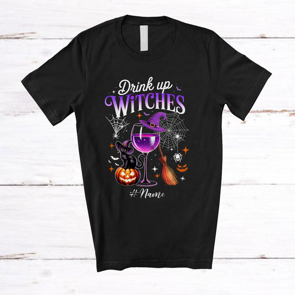 MacnyStore - Personalized Custom Name Drink Up Witches; Cheerful Halloween Witch Wine Glass; Drinking T-Shirt