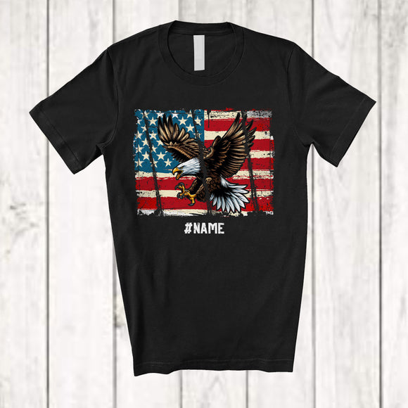 MacnyStore - Personalized Custom Name Eagle Vintage American Flag; Proud 4th of July Eagle Patriotic T-Shirt