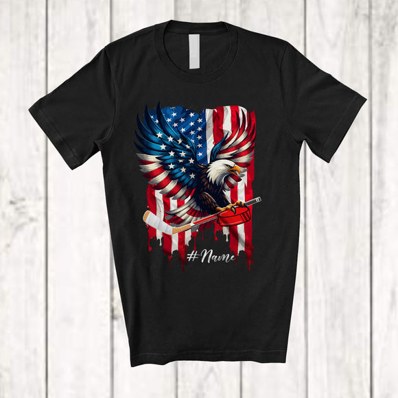 MacnyStore - Personalized Custom Name Eagle With US Flag Ice Hockey; Humorous 4th Of July Player; Patriotic T-Shirt