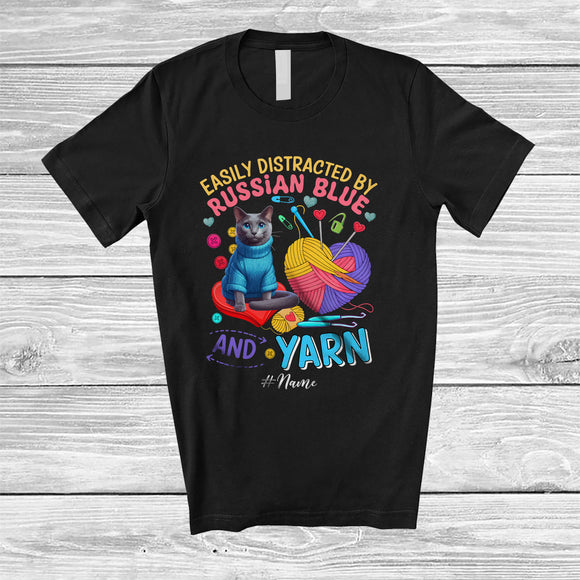 MacnyStore - Personalized Custom Name Easily Distracted By Russian Blue And Yarn; Lovely Knitting Heart T-Shirt