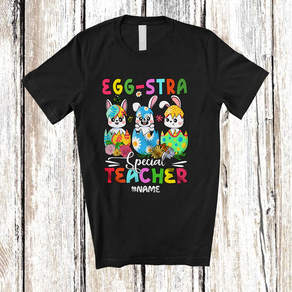 MacnyStore - Personalized Custom Name Egg-Stra Special Teacher; Amazing Easter Extra Three Bunnies In Eggs T-Shirt