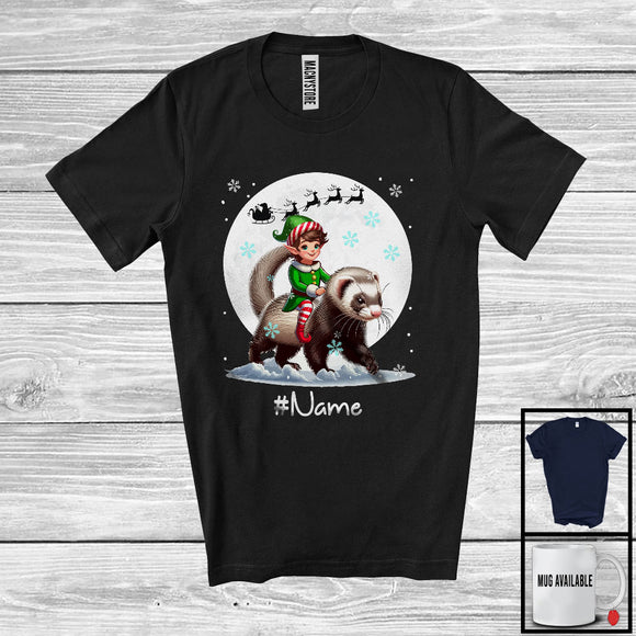MacnyStore - Personalized Custom Name Elf Riding Ferret, Joyful Christmas Moon Snow Ferret, X-mas Team T-Shirt