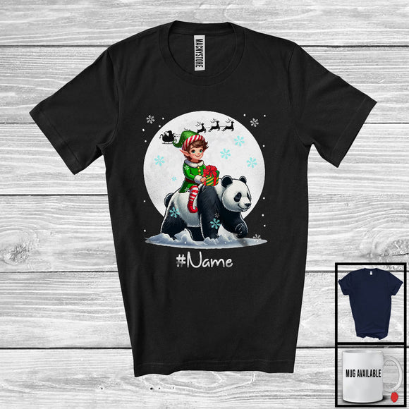 MacnyStore - Personalized Custom Name Elf Riding Panda, Joyful Christmas Moon Snow Panda, X-mas Team T-Shirt