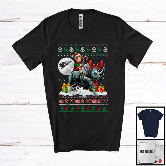MacnyStore - Personalized Custom Name Elf Riding Rhino; Lovely Christmas Sweater Elf Wild Animal; X-mas Moon T-Shirt