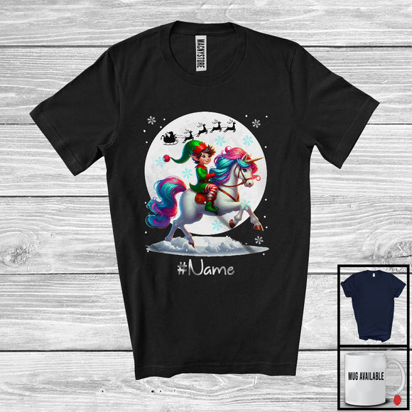 MacnyStore - Personalized Custom Name Elf Riding Unicorn, Joyful Christmas Moon Snow Unicorn, X-mas Team T-Shirt