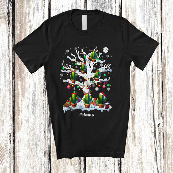 MacnyStore - Personalized Custom Name Elf Santa Cactus On Christmas Tree; Awesome X-mas Lights Snowing T-Shirt