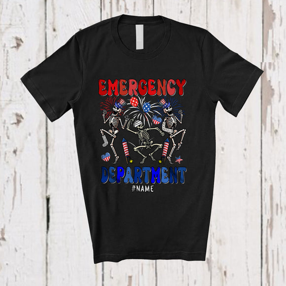 MacnyStore - Personalized Custom Name Emergency Department; Proud 4th of July Groovy 3 Skeletons Nurse T-Shirt