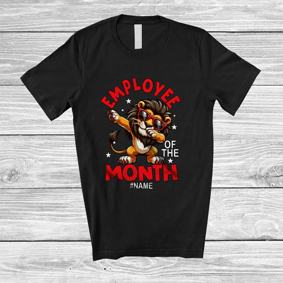 MacnyStore - Personalized Custom Name Employee Of The Month; Joyful Dabbing Lion Men Boy Family T-Shirt