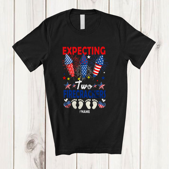 MacnyStore - Personalized Custom Name Expecting Two Firecrackers; Joyful Pregnancy Patriotic 4th of July T-Shirt