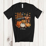 MacnyStore - Personalized Custom Name Fall For Jesus; Lovely Thanksgiving Cross Leopard Plaid Pumpkins T-Shirt