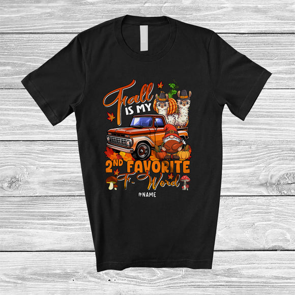 MacnyStore - Personalized Custom Name Fall Is My 2nd Favorite F-Word; Joyful Thanksgiving Llama Pickup T-Shirt