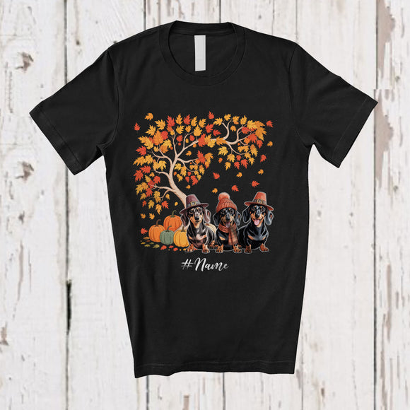 MacnyStore - Personalized Custom Name Fall Tree Dachshund Owner; Lovely Thanksgiving Fall Tree Pumpkin Family T-Shirt