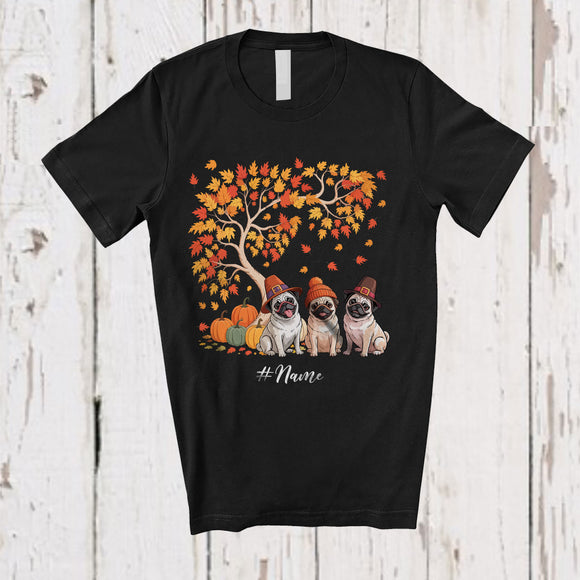 MacnyStore - Personalized Custom Name Fall Tree Pug Owner; Lovely Thanksgiving Fall Tree Pumpkin Family T-Shirt