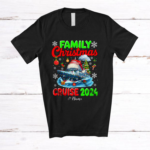 MacnyStore - Personalized Custom Name Family Christmas Cruise 2024; Merry X-mas Lights Santa Boat Trip T-Shirt