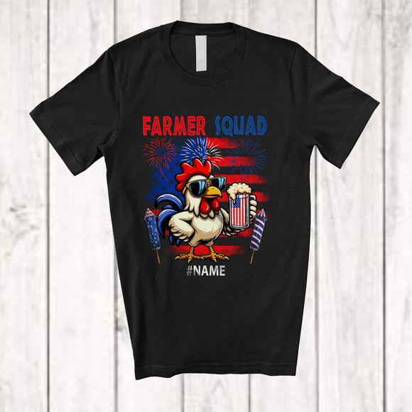MacnyStore - Personalized Custom Name Farmer Squad; Proud 4th Of July Chicken Drinking Beer; Drunker Patriotic T-Shirt