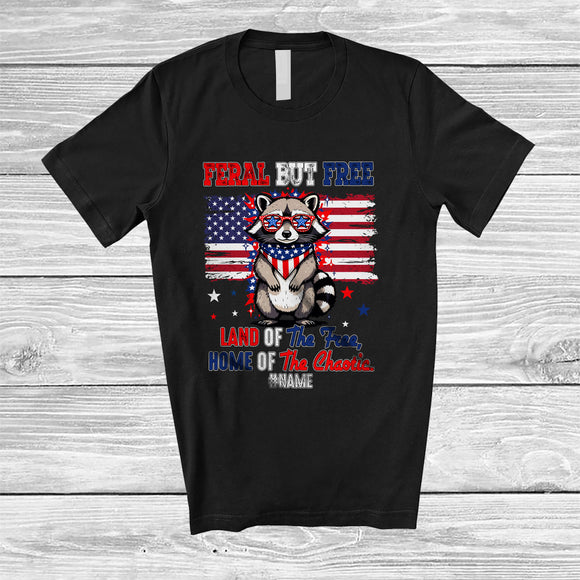 MacnyStore - Personalized Custom Name Feral But Free; Amazing 4th of July Raccoon American Flag; Patriotic T-Shirt