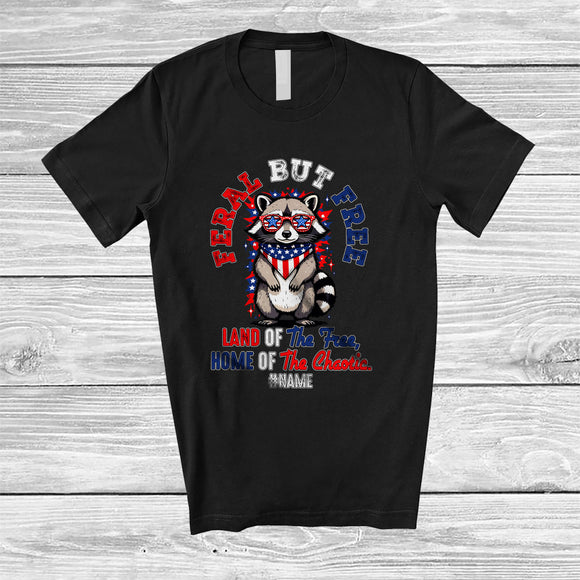 MacnyStore - Personalized Custom Name Feral But Free; Amazing 4th of July Raccoon Sunglasses; Patriotic T-Shirt