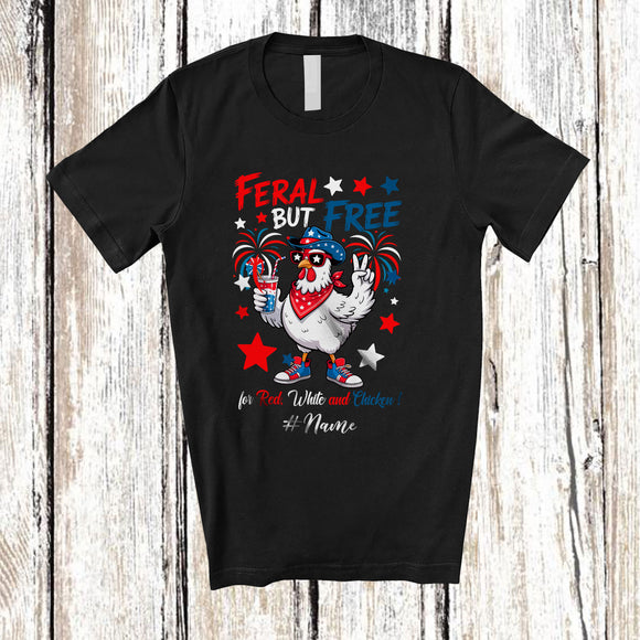 MacnyStore - Personalized Custom Name Feral But Free; Awesome 4th Of July American Flag Chicken Farmer T-Shirt