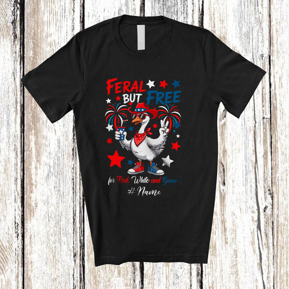 MacnyStore - Personalized Custom Name Feral But Free; Awesome 4th Of July American Flag Goose Farmer T-Shirt