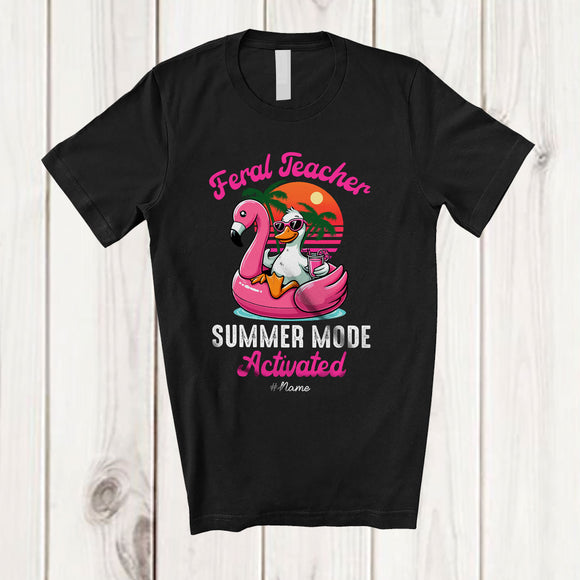 MacnyStore - Personalized Custom Name Feral Teacher; Joyful Summer Vacation Goose On Flamingo Float T-Shirt