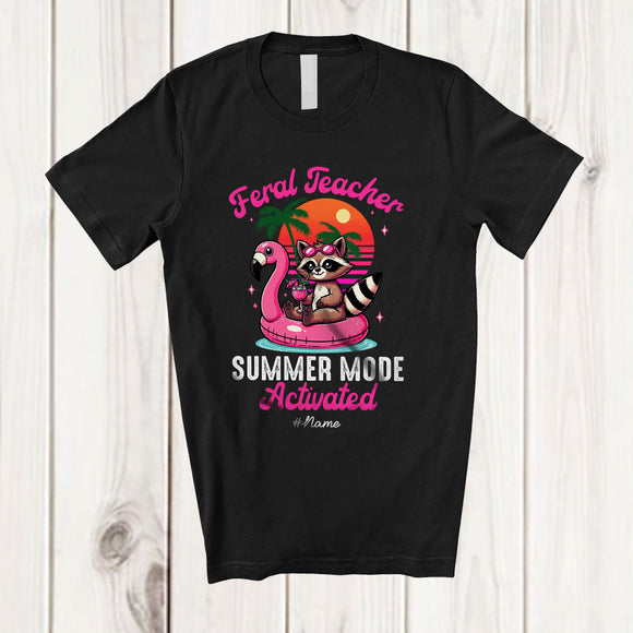 MacnyStore - Personalized Custom Name Feral Teacher; Joyful Summer Vacation Raccoon On Flamingo Float T-Shirt