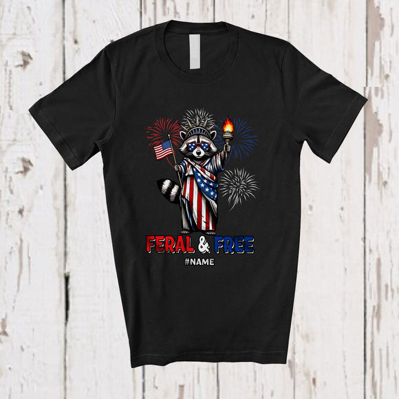 MacnyStore - Personalized Custom Name Feral and Free; Proud 4th of July Raccoon Liberty; American Patriotic T-Shirt