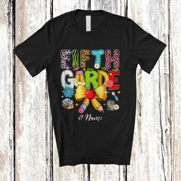 MacnyStore - Personalized Custom Name Fifth Grade; Lovely Back To School Teacher Leopard Coquette Pencil Bow T-Shirt