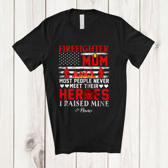 MacnyStore - Personalized Custom Name Firefighter Mom I Raised Mine; Proud Mother's Day US Flag; Family T-Shirt