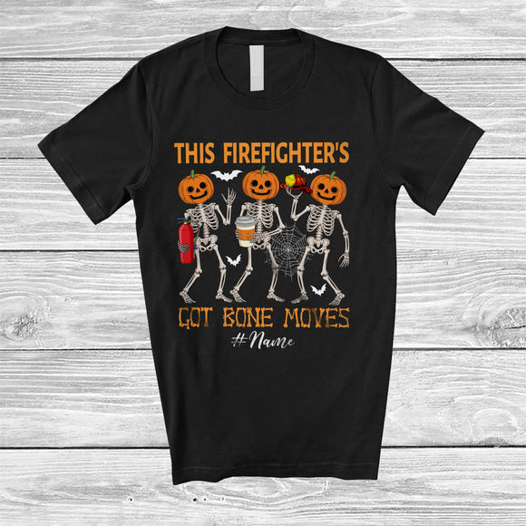 MacnyStore - Personalized Custom Name Firefighter's Got Bone Moves; Joyful Halloween Pumpkin Skeletons T-Shirt