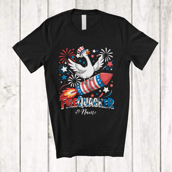 MacnyStore - Personalized Custom Name Firequacker; Humorous 4th Of July Goose Riding Firecracker; Patriotic T-Shirt