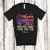 MacnyStore - Personalized Custom Name Fireworks Director Runs; Proud 4th of July US Flag Firecracker T-Shirt