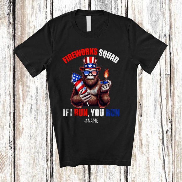 MacnyStore - Personalized Custom Name Fireworks Squad If I Run You Run; Humorous 4th Of July Bigfoot Lighting T-Shirt