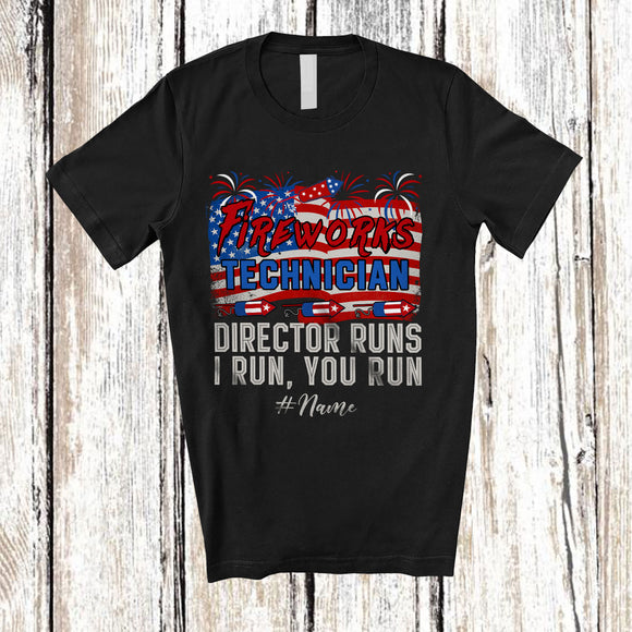 MacnyStore - Personalized Custom Name Fireworks Technician Runs; Proud 4th of July US Flag Firecracker T-Shirt