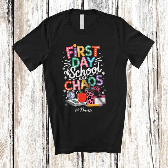 MacnyStore - Personalized Custom Name First Day Of School And Chaos; Lovely School Leopard Coffee; Teacher T-Shirt