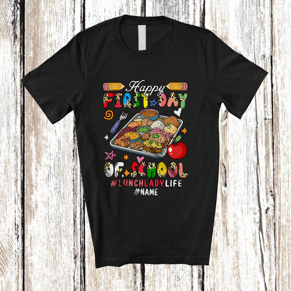 MacnyStore - Personalized Custom Name First Day Of School Lunch Lady; Amusing Back To School Tools Leopard T-Shirt