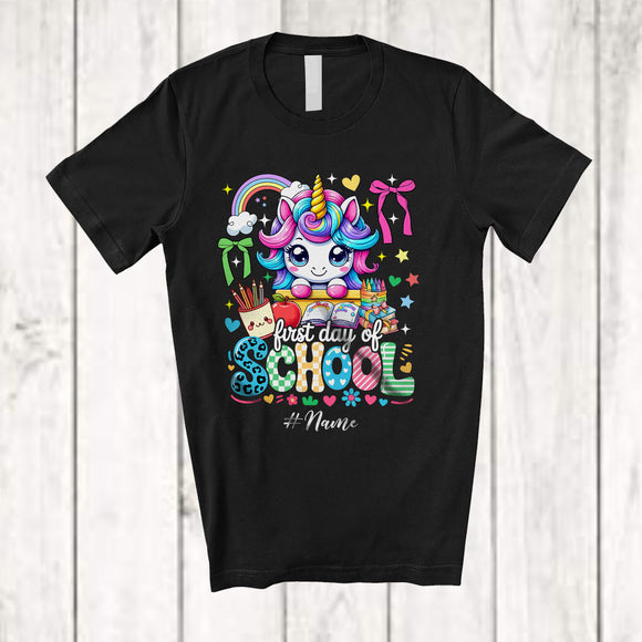 MacnyStore - Personalized Custom Name First Day Of School; Adorable Unicorn Face Girl; Teacher Students T-Shirt