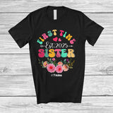 MacnyStore - Personalized Custom Name First Time Sister Est. 2025; Lovely Mother's Day Pregnancy Flowers T-Shirt