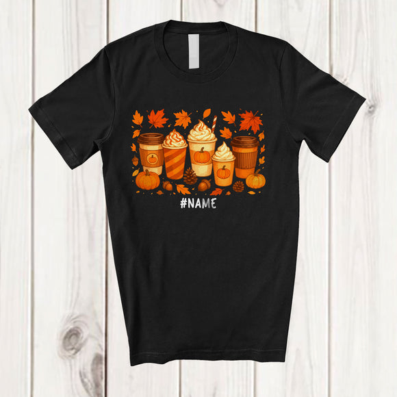 MacnyStore - Personalized Custom Name Five Coffee Pumpkins; Happy Thanksgiving Coffee Drinking; Fall Leaves T-Shirt