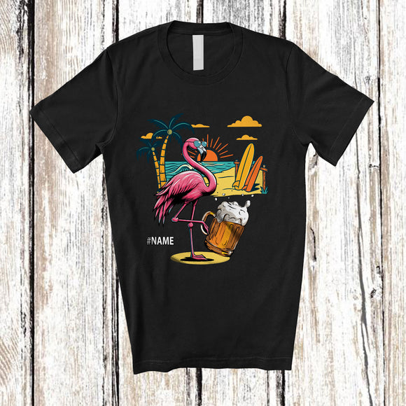 MacnyStore - Personalized Custom Name Flamingo Drinking Beer; Cheerful Summer Vacation Alcohol Drunker T-Shirt
