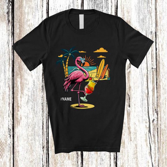 MacnyStore - Personalized Custom Name Flamingo Drinking Cocktail; Cheerful Summer Vacation Alcohol Drunker T-Shirt