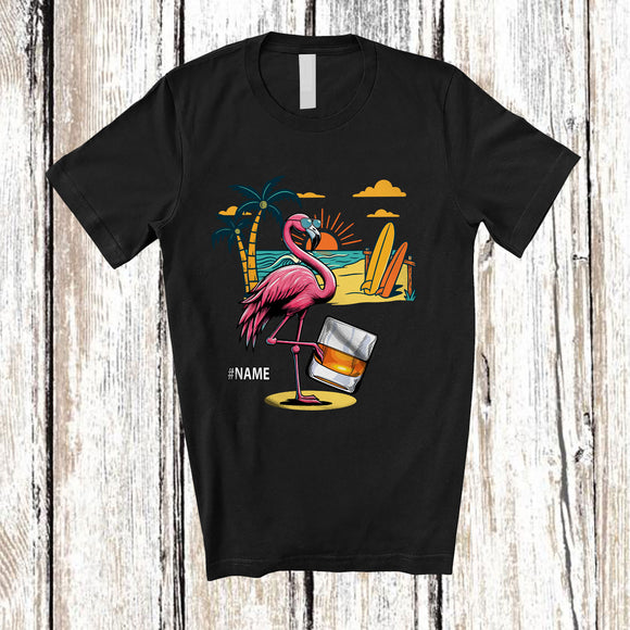 MacnyStore - Personalized Custom Name Flamingo Drinking Rum; Cheerful Summer Vacation Alcohol Drunker T-Shirt